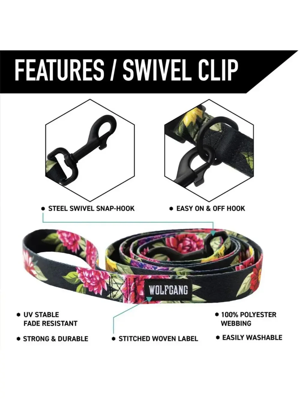 (RG) Wolfgang USA Dark Floral Dog Leash 6ft Classic Cotton Fabric Lead Made New